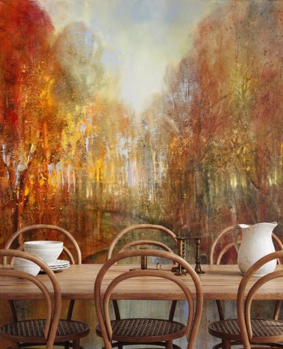 papier peint forêt peint orange et jaune