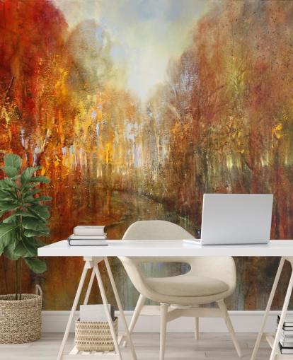 papel pintado bosque naranja y amarillo