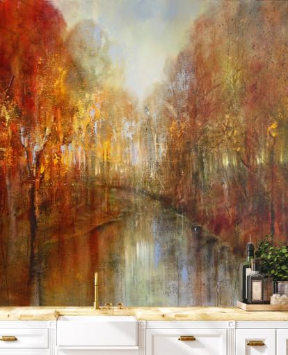 papel pintado bosque naranja y amarillo