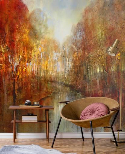 papel pintado bosque naranja y amarillo