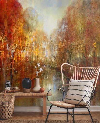 papel pintado bosque naranja y amarillo