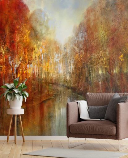 papel de parede florestal pintado de laranja e amarelo