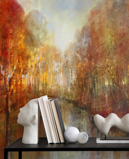 papel de parede florestal pintado de laranja e amarelo