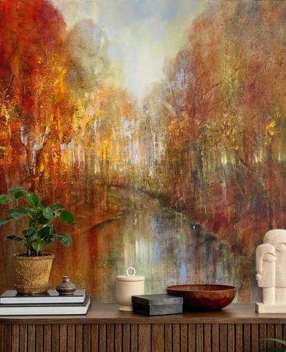 orange and yellow painted forest wallpaper
