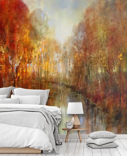 orange and yellow painted forest wallpaper