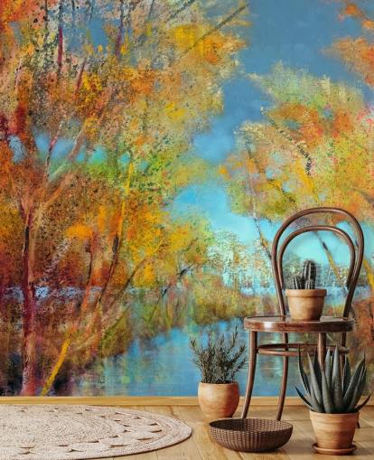 papel pintado de árbol naranja y amarillo