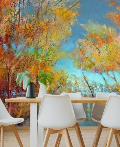 papier peint arbre peint orange et jaune