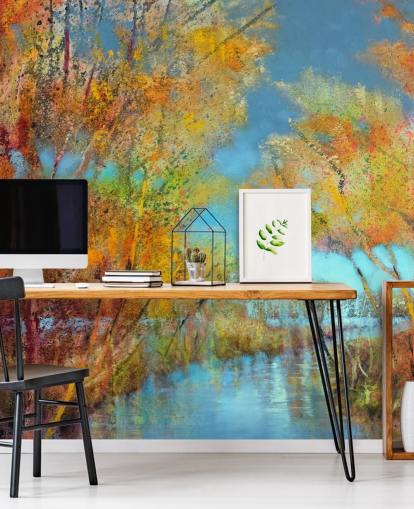 papier peint arbre peint orange et jaune