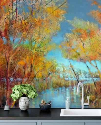 orange and yellow painted tree wallpaper