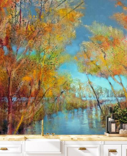 papel de parede de árvore pintada de laranja e amarelo