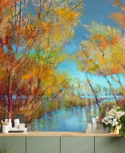 papel de parede de árvore pintada de laranja e amarelo