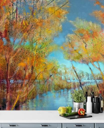 papel pintado de árbol naranja y amarillo