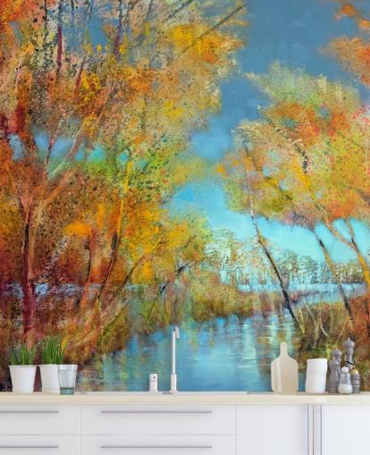 orange and yellow painted tree wallpaper