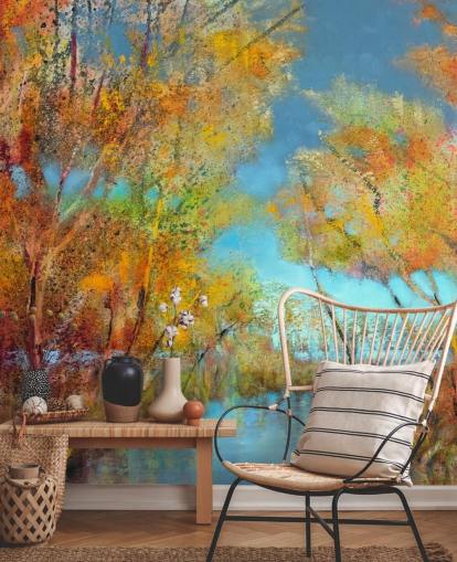 papel de parede de árvore pintada de laranja e amarelo