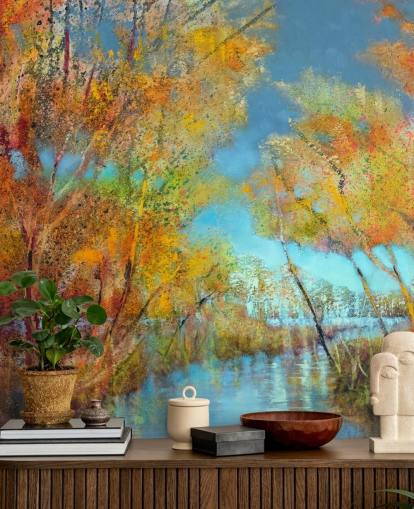 orange and yellow painted tree wallpaper