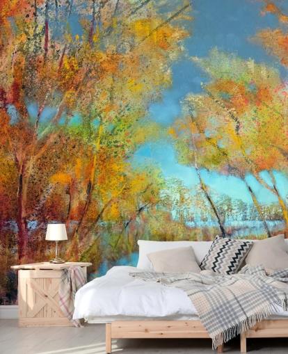 papel de parede de árvore pintada de laranja e amarelo