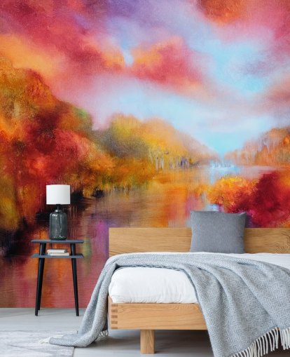 orange, red and yellow painting of forest and river wallpaper