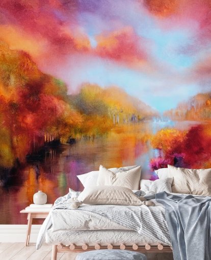 orange, red and yellow painting of forest and river wallpaper orange, red and yellow painting of forest and river wallpaper