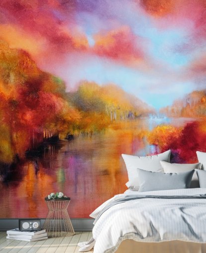 orange, rote und gelbe Bemalung von Wald- und Flusstapete orange, rote und gelbe Bemalung von Wald- und Flusstapete