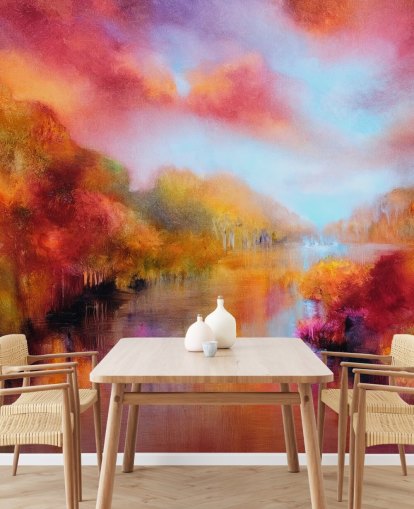 pittura arancione, rossa e gialla di carta da parati foresta e fiume