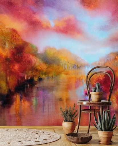 oranje, rood en geel schilderij van bos- en rivierbehang