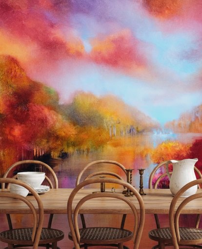 orange, red and yellow painting of forest and river wallpaper