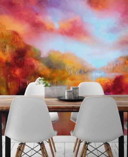 pintura laranja, vermelha e amarela de papel de parede da floresta e do rio pintura laranja, vermelha e amarela de papel de parede da floresta e do rio