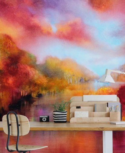 orange, red and yellow painting of forest and river wallpaper