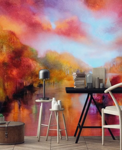 peinture orange, rouge et jaune de papier peint forêt et rivière peinture orange, rouge et jaune de papier peint forêt et rivière