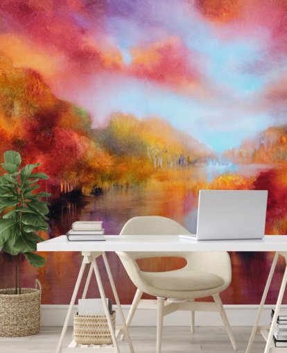 orange, red and yellow painting of forest and river wallpaper