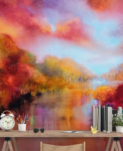 pittura arancione, rossa e gialla di carta da parati foresta e fiume