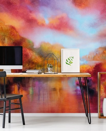 pintura naranja, roja y amarilla de papel tapiz de bosque y río