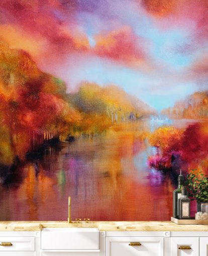 orange, red and yellow painting of forest and river wallpaper orange, red and yellow painting of forest and river wallpaper