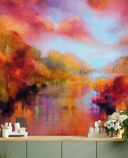 pintura naranja, roja y amarilla de papel tapiz de bosque y río