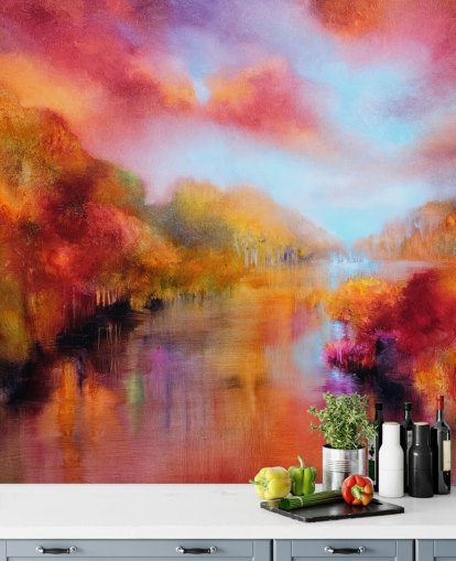 orange, red and yellow painting of forest and river wallpaper