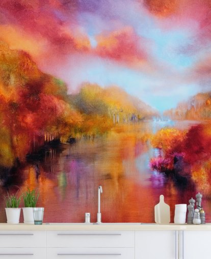 pintura naranja, roja y amarilla de papel tapiz de bosque y río