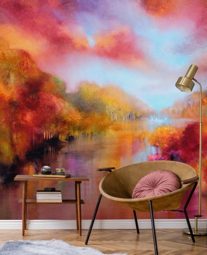 pintura naranja, roja y amarilla de papel tapiz de bosque y río