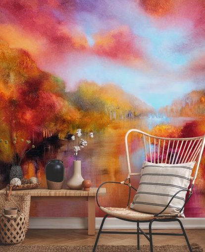 orange, red and yellow painting of forest and river wallpaper