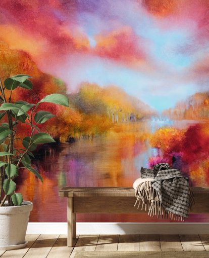 orange, red and yellow painting of forest and river wallpaper