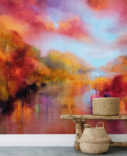 pintura naranja, roja y amarilla de papel tapiz de bosque y río