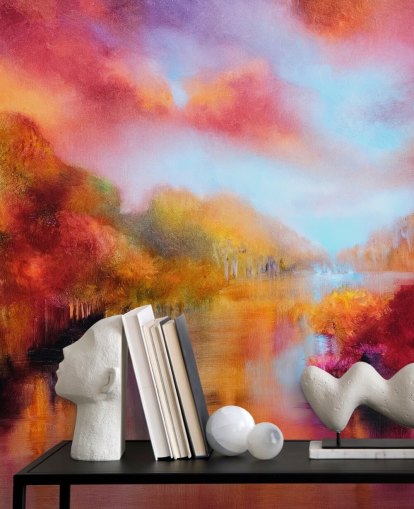 pintura naranja, roja y amarilla de papel tapiz de bosque y río pintura naranja, roja y amarilla de papel tapiz de bosque y río