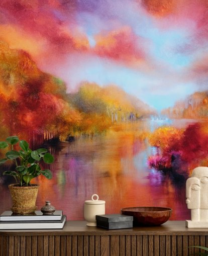 orange, red and yellow painting of forest and river wallpaper