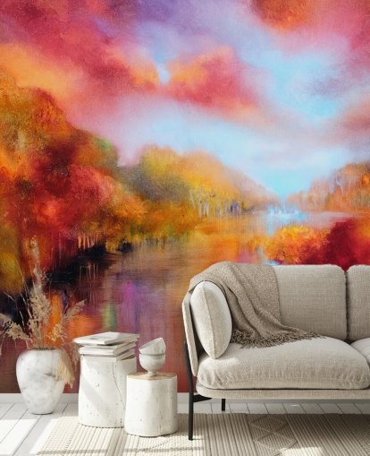 oranje, rood en geel schilderij van bos- en rivierbehang