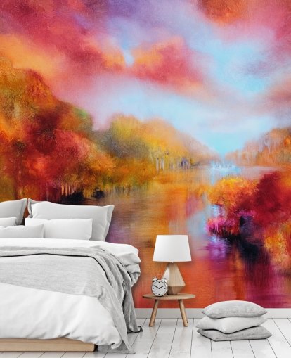 pintura naranja, roja y amarilla de papel tapiz de bosque y río pintura naranja, roja y amarilla de papel tapiz de bosque y río