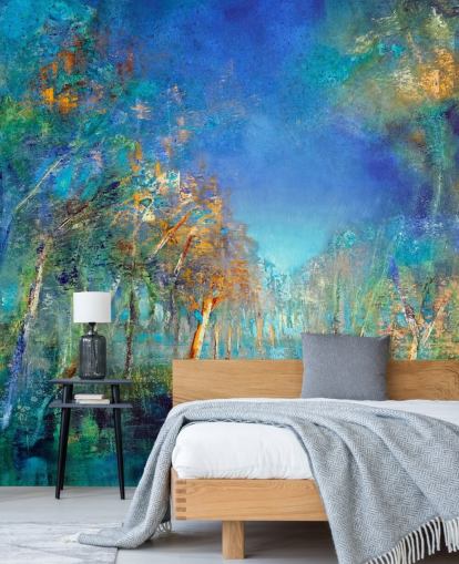 blauw en groen geschilderd bosbehang