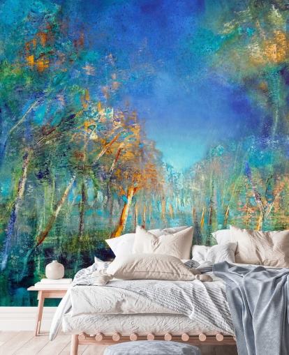 papel de parede florestal pintado de azul e verde