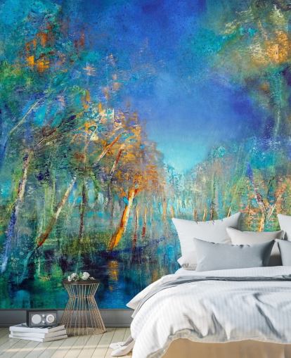 papel pintado bosque azul y verde