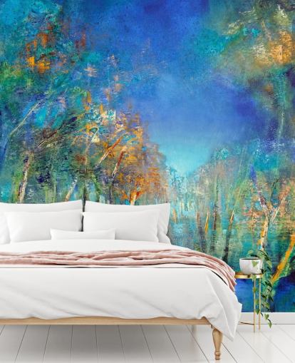 blue and green painted forest wallpaper