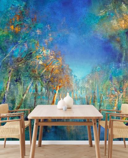 papel de parede florestal pintado de azul e verde