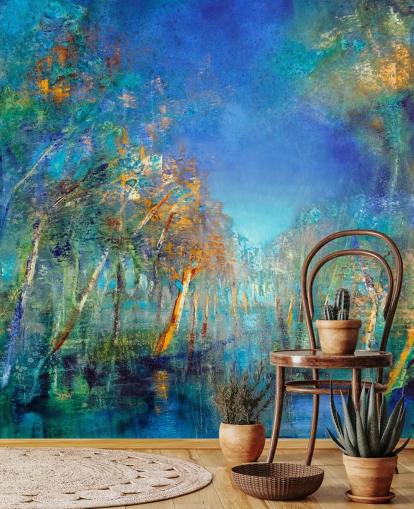 papel pintado bosque azul y verde